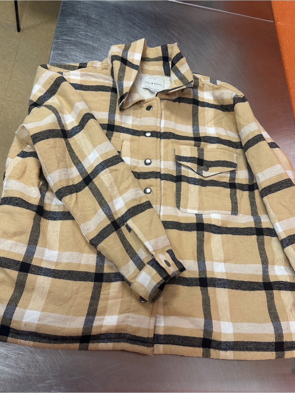 Women’s Lucky Brand Plaid Sherpa Lined Flannel Shacket Jacket Cozy Tan Beige Lrg
